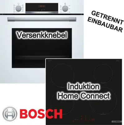 Produktbild von Herdset BOSCH Backofen weiß autark 3D Heißluft 71L + Induktionskochfeld 60cm Home Connect PowerBoost PanBoost PerfectFry Bratsensor