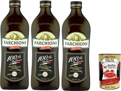 Produktbild von Farchioni Olio Extra Vergine di Oliva 100% Italiano Natives Olivenöl extra mit Italienische Oliven 3x 1Lt kalte Extraktion Speiseöl + Italian Gourmet polpa 400g