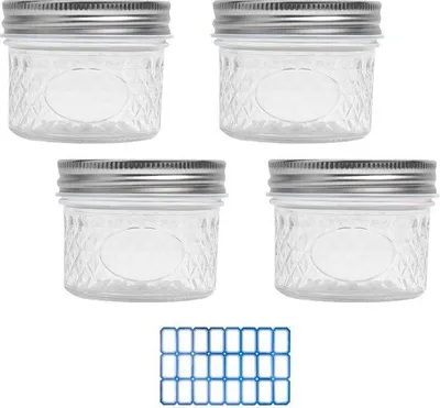 Produktbild von Gläser mit Deckel, 4 Stück, 120 ml, gläserne Vorratsdosen, Glas mit blauen Etiketten, Meal Prep, kleine Inmaakgläser, Mini-Inmaakgläser, Glas für Joghurt, Marmelade, Gewürze