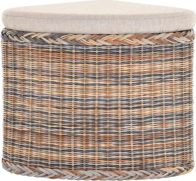 A corner storage ottoman with a padded lid.