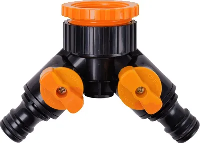 Produktbild von 2-Wege-Ventil für Wasserhahn, 3/4" & 1" Anschluss, 2x 1/2" Schlauchanschlüsse mit Absperrung