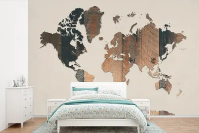 Produktbild von Weltkarten-Wandtapete aus Holz - Beige - 525 x 350 cm