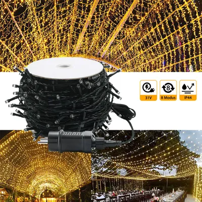 A collage of images showing LED fairy lights on a spool and installed in various decorative settings like tunnels and outdoor event spaces.