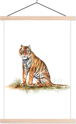 Produktbild von MuchoWow® Textilposter Tiger - Weiß - Gras 120x180 cm mit holzfarbenen Rahmen - Textil-Plakat