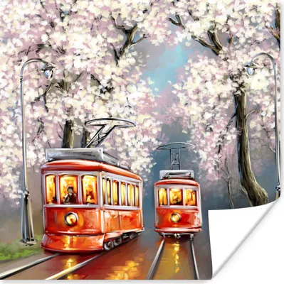 Produktbild von MuchoWow® Poster Gemälde - Ölgemälde - Straßenbahn - Blühender Baum 50x50 cm - Wohnzimmerdekoration