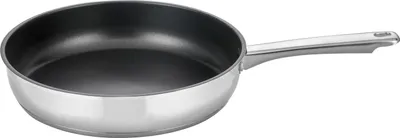A silver frying pan with a black interior and a silver handle is shown against a white background.