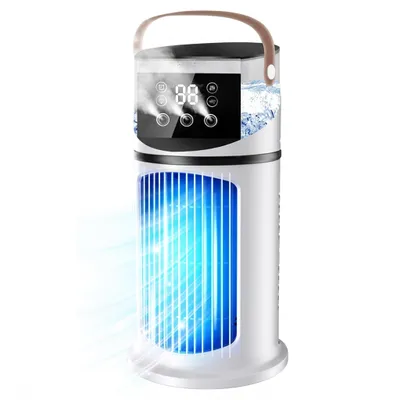 Zdjęcie produktu dla Klimatyzator 4 w 1 z funkcją wentylatora i chłodzenia przez rozpylanie, 7 kolorowych świateł, zbiornik na wodę o pojemności 500 ml, 6 stopni prędkości, regulowana kierunkowość strumienia powietrza, timer, kolor biały