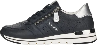 A side view of a navy blue Remonte sneaker with a silver heel accent and a silver zipper.
