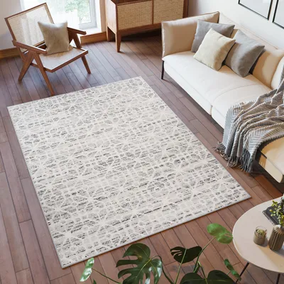 Produktbild von Teppich Kurzflor Modern Design Schlafzimmer Wohnzimmer Vintage Meliert Grau Creme  140 x 200 cm
