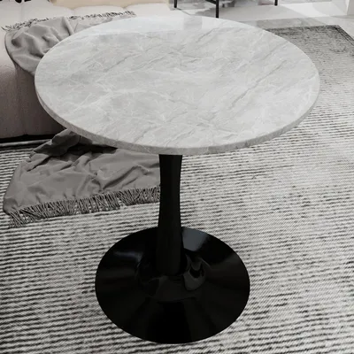 Image de MODFU Table basse de style mid-century moderne,Table d'appoint de salon avec plateau de marbre rond(70 cm de diamètre),Table de salon avec pieds hauts et design de table ronde,Noir + Gris