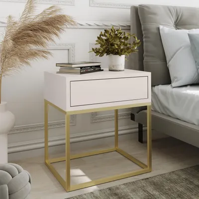 Image de AX LIVING Table de nuit Commode Aleio en beige avec structure métallique dorée