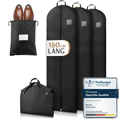 Produktbild von Bruce.® 3x Premium Kleidersack Lang 180 cm x 60 cm inkl. 1x Schuhbeutel, Hochwertige Kleiderhülle für Mäntel, Jacken, Kleider & Anzug, Atmungsaktiv