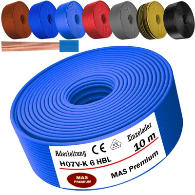 Image de Câble d'alimentation de 10 mètres, type H07 V-K, HBL, 1x6 mm², de couleur bleu clair, monoconducteur, flexible