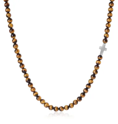 Kreuzkette 6mm Kristallperlen Tigerauge 60cm für Männer