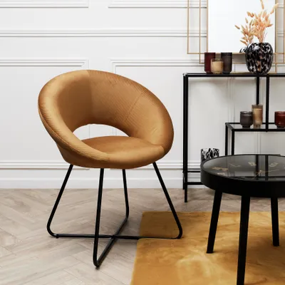 Image de Fauteuil - HOME DECO FACTORY - GIULIA - Rond - Velours Côtelé - Jaune et Noir