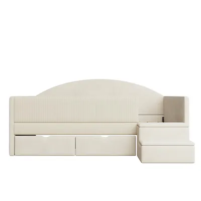 Produktbild von Merax Polsterbett Tagesbett 90×190cm mit Stufen und Schutzgitter, Sofabett Kinderbett mit 2 Schubladen, Multifunktionsbett mit Samtstoff, Beige