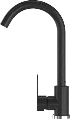A black speckled kitchen faucet with a curved spout.
