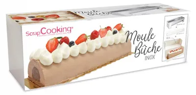 The image shows the packaging of a baking mold for a Yule log, decorated with an image of a finished Yule log cake.
