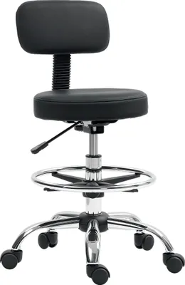 Image de Tabouret de bar - Pivotant avec roulettes et dossier - Réglable en hauteur - Repose-pieds - Revêtement en similicuir - Noir