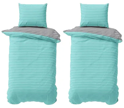 Produktbild von Baumwolle Bettwäsche 135x200 cm Türkis Grau gestreift Stripe Damast Bettbezug PolyBaumwolle Wendebettwäsche 4 teilig