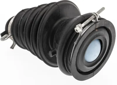A black rubber bellows hose with metal clamps against a white background.