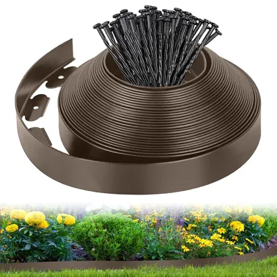 Image de Omgoods - Bordure de jardin en plastique flexible, avec 50 piquets, 10 mètres x 5 cm, couleur marron