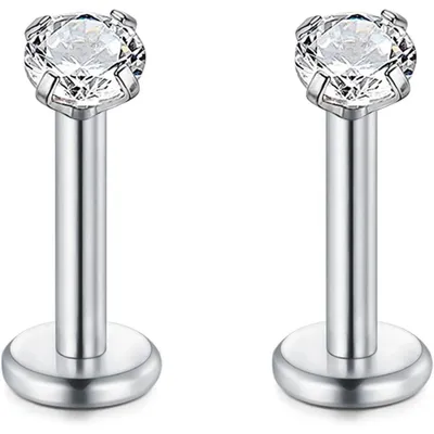 Immagine prodotto di Piercing per labbro, tipo "stud", in acciaio chirurgico 16G, dimensioni 1,2 x 6 mm, con zirconio, colore argento, confezione da 2 pezzi