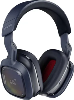 A close-up studio shot of a navy blue gaming headset.
