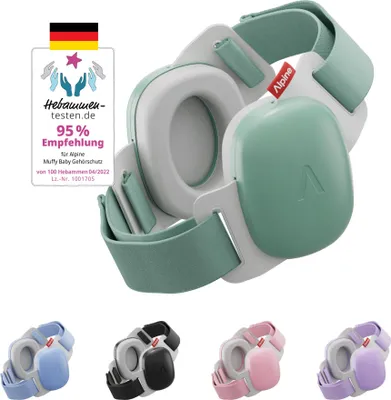 A collage showing a main image of green and white baby earmuffs with a German test seal, and smaller images of the earmuffs in blue, black, pink, and purple.