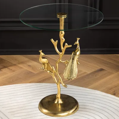 Produktbild von riess-ambiente Runder Beistelltisch WILDLIFE PEACOCK 60cm gold Glasplatte Metall Pfauen-Skulptur Couchtisch Tisch