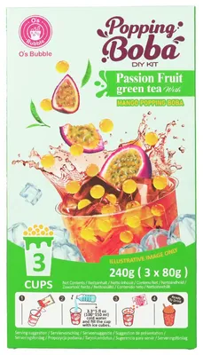 Produktbild von O´s Bubble Tea DIY Kit Passionfrucht Grüntee mit Mango Popping Boba 240g