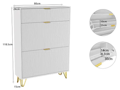 Obrázok produktu pre Skriňa na topánky do predsiene – moderná skriňa na topánky – 3 klapky, 1 dvierka – 80 x 24 x 118,5 cm – úzka drevená polica – biela