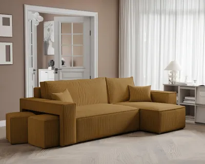 Image de Idohome – Canapé d'angle moderne PARIS avec poufs et fonction couchage, canapé en L, canapé polyvalent, canapé-lit - Couleur : Jaune Poso 01