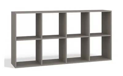 A gray, eight-cube shelving unit against a white background.