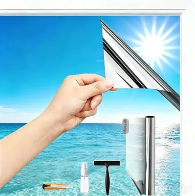 Produktbild von (44.5X200cm Silber) Fensterfolie Sonnenschutz Hitzeschutz innen oder außen | Rückstandslose Spiegelfolie Fenster Hitzeschutz | Sonnenschutzfolie | Spiegelfolie Fenster