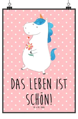 Produktbild von Mr. & Mrs. Panda Bild Einhorn Spaziergang DIN A3 - Rot Pastell - Geschenk, Plakat, Freundin, wanddeko, Einhörner, Blumen, Mutter, Freude, Unicorn, Wandbild, drucke