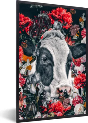 Produktbild von MuchoWow® MuchoWow® Gerahmtes Poster Kuh - Zeichnung - Rot 20x30 cm - Poster mit zchwarzem Bilderrahmen - Drucken - Bilder Poster im Rahmen
