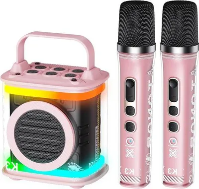Image de Kit de karaoké pour enfants comprenant 2 microphones sans fil, une enceinte Bluetooth portable et un éclairage LED, idéal pour les fêtes d'enfants et les anniversaires