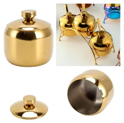Produktbild von Zuckerdose aus Edelstahl mit Deckel und Löffel, Gewürzglas für Salz, Zucker, Kaffee, Tee, Curry, Sesam, Gold-Finish