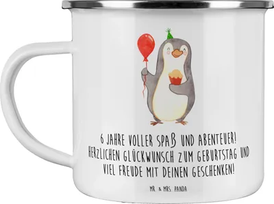 Produktbild von Mr. & Mrs. Panda Emaille Tasse 6. Geburtstag Freude - Weiß - Geschenk, Happy Birthday, Pott, Glückwünsche, Teetasse, becher, Geburtstagsgeschenk, Kindergeburtstag, Haferl