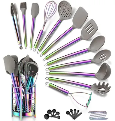 Image de Ensemble de 38 pièces de batterie de cuisine en silicone, avec poignées en acier inoxydable, de couleurs arc-en-ciel