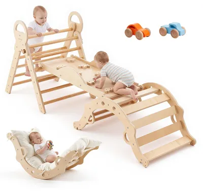Produktbild von VEVOR Kletterdreieck, 9-in-1 Kletterspielzeug, mit Holzautos, Kissen, Kletterdreieck, Rutsche & Kletterbogen, bis 68 kg Belastbar, Montessori Indoor Spielset für Kinder im Alter von 1 bis 3 Jahren