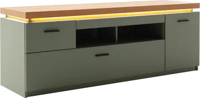Produktbild von Wohnzimmer-Fernsehschrank mit156 cm Breite in Grün mit Eiche, 1 Tür, 2 Schubladen, 2 Fächer, LED-Akzentbeleuchtung - MOSTAR-05
