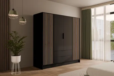 Produktbild von ALTDECOR Kleiderschrank mit selbstschließenden, Lamellentüren, Lamellen, Flügeltüren - NELIA - 200 cm Schwarz / Artisan