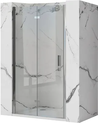 A shower door with a chrome frame and glass panels, set against a marble-patterned wall.