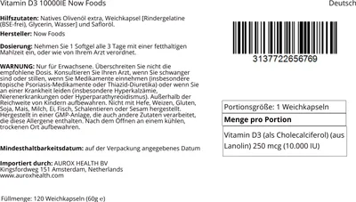 Obrázek produktu pro Vitamin D3 10000IE 120 měkkých gelů Now Foods