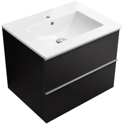 Zdjęcie produktu dla CERANO – Szafka łazienkowa Velora – czarna matowa, uchwyt chromowany + ceramiczna umywalka Todo – 61 x 55 x 46,5 cm