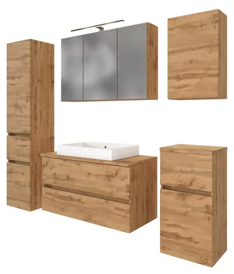 Produktbild von Basera XXL Badmöbel Set Ninette, Wotaneiche, inkl. LED-Spiegelschrank, Hängeschrank, Unterschrank, Hochschrank und Waschtisch, mit Waschbecken