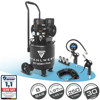Produktbild von STAHLWERK Kompressor 8 bar 30 L im Set Reifenfüller Schlauch Pistole Verteiler