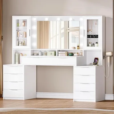Zdjęcie produktu dla Toaletka o wysokości 150 cm z oświetleniem LED, biało-srebrna | Toaletka z lustrem i listwą gniazd, możliwość regulacji koloru światła (trzy tryby), 10 szuflad, miejsce do przechowywania biżuterii, model DT43703XEU